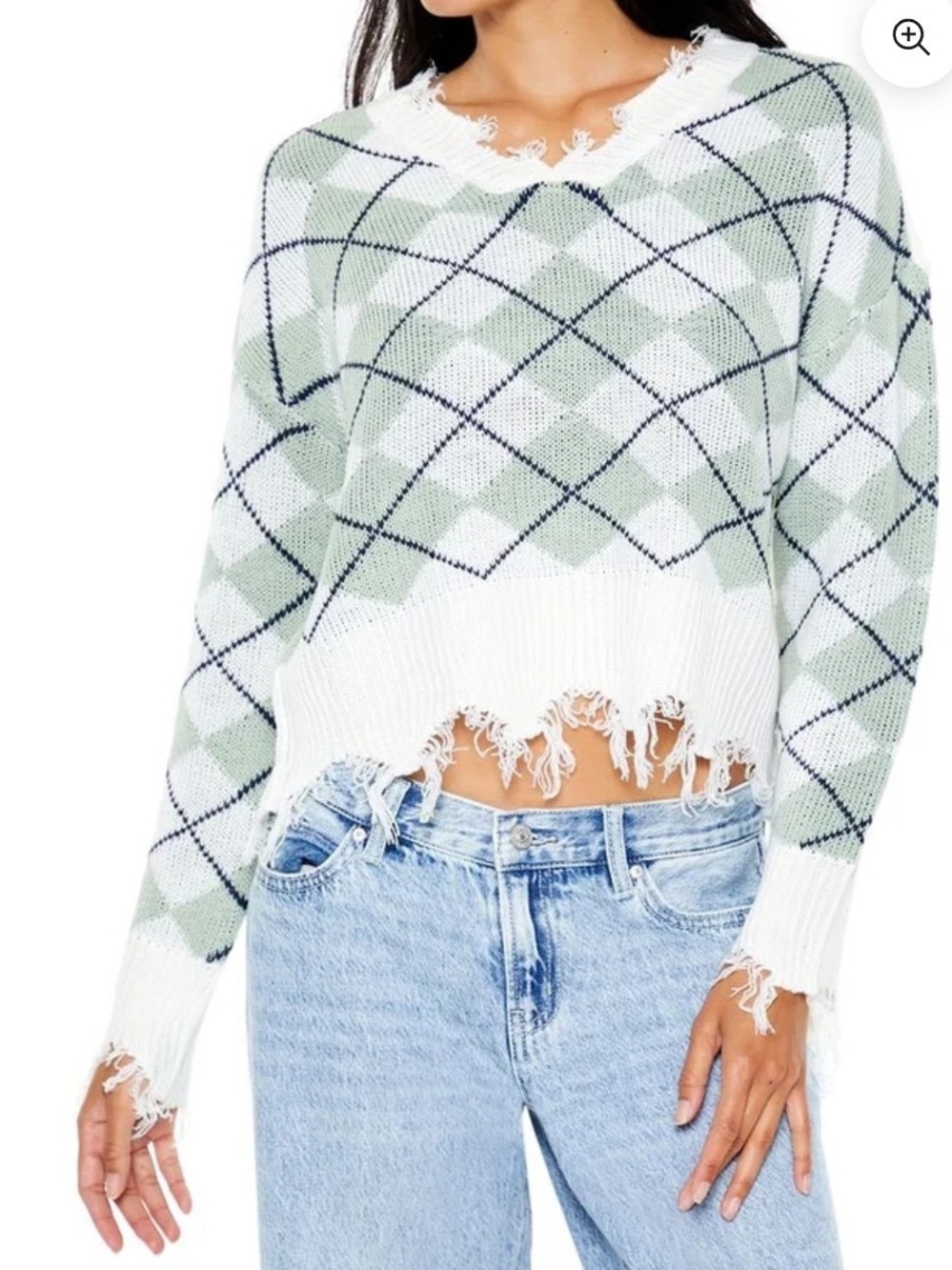 SHEIN Sage Green & White Distressed Argyle Cropped Sweater
